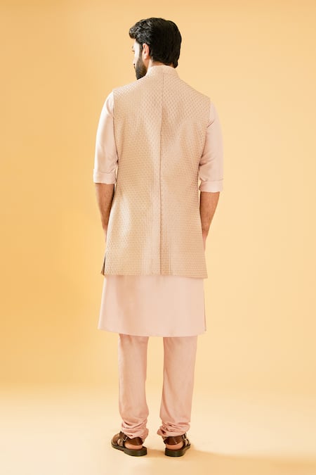 Raghavendra Rathore Blue Peach Embroidered Bundi & Kurta Set 