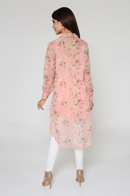 Shop Bha Sha Pink Georgette Embroidery Collared Floral Print Shirt With Inner at Aza Fashions Shop_Bha Sha_Pink Georgette Embroidery Collared Floral Print Shirt With Inner _at_Aza_Fashions