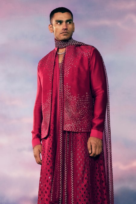 Shop Rohit Gandhi + Rahul Khanna Red Viscose, Chanderi, Net, Tulle Geometric Embellished Bundi And Kurta Set at Aza Fashions Shop_Rohit Gandhi + Rahul Khanna_Red Viscose, Chanderi, Net, Tulle Geometric Embellished Bundi And Kurta Set _at_Aza_Fashions