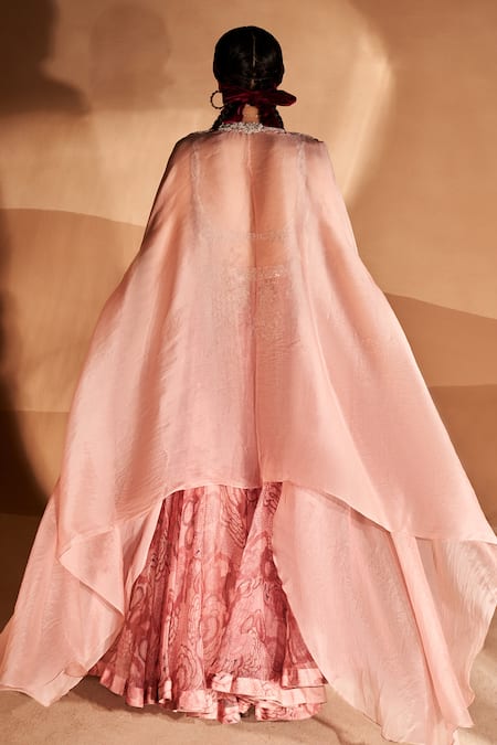 Shop Bhumika Sharma Pink Organza Sequins, Pearls Scoop Neck Printed And Embroidered Cape Lehenga Set at Aza Fashions Shop_Bhumika Sharma_Pink Organza Sequins, Pearls Scoop Neck Printed And Embroidered Cape Lehenga Set _at_Aza_Fashions