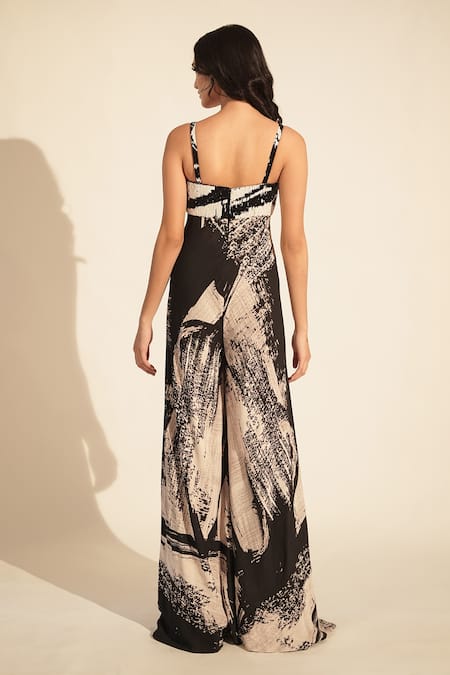 Shop_Nikita Mhaisalkar_Black Georgette Beads, Embroidery Square Neck Brush Stroke Print Jumpsuit _at_Aza_Fashions