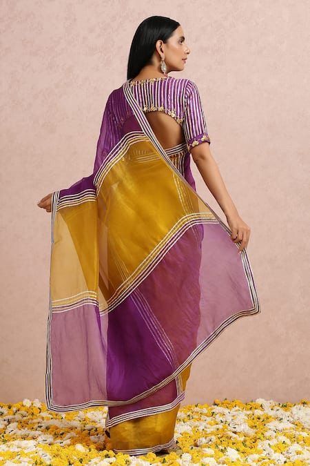 Shop_Label Nitika_Yellow Organza Gota, Cut Dana And Sequin Work V Neck Color Block Saree With Blouse _at_Aza_Fashions