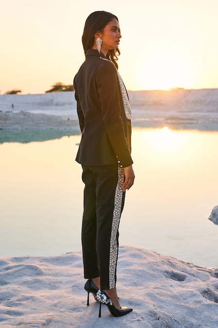 Shop Dash And Dot Black Polyester, Viscose, Spandex Mirrors Shawl Embellished Jacket With Pant at Aza Fashions Shop_Dash And Dot_Black Polyester, Viscose, Spandex Mirrors Shawl Embellished Jacket With Pant _at_Aza_Fashions