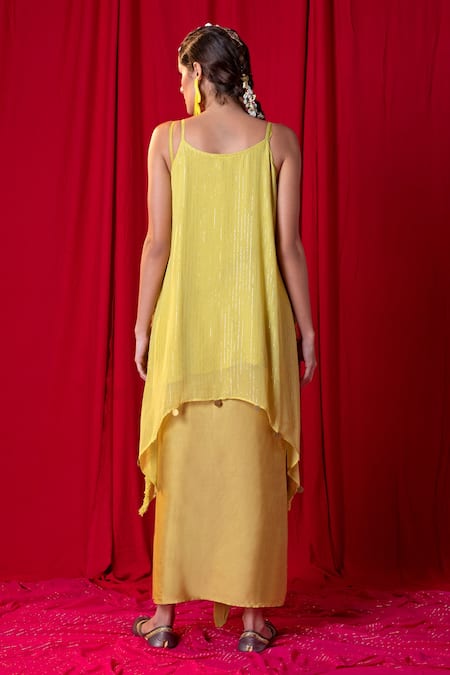 Enech Shimmer Spaghetti Tunic & Draped Skirt Set 