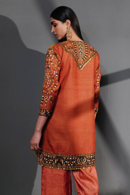 Shop Taisha Multi Color Tussar, Silk Sequins, Tassels Thread Work Kurta And Straight Pant Set at Aza Fashions Shop_Taisha_Multi Color Tussar, Silk Sequins, Tassels Thread Work Kurta And Straight Pant Set _at_Aza_Fashions