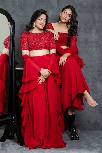 Shop Sunita Bhandari Red Viscose, Georgette Sequins, Beads, Cut Work Embroidered Blouse Sharara Set at Aza Fashions Shop_Sunita Bhandari_Red Viscose, Georgette Sequins, Beads, Cut Work Embroidered Blouse Sharara Set _at_Aza_Fashions