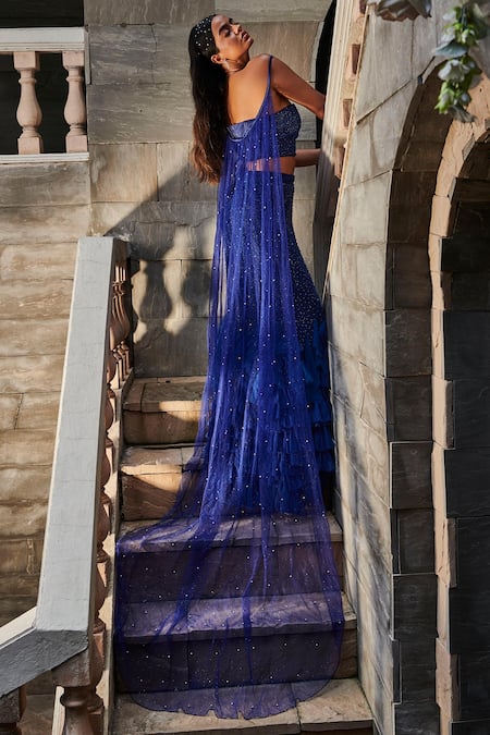 Shop_Saanjh By Lea_Blue Satin, Tulle, Polyester, Crepe Beads Kimaya Mermaid Ruffle Lehenga _at_Aza_Fashions