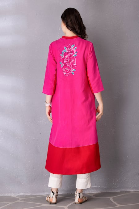Shop_Tanu Malhotra_Pink Cotton, Linen Embroidery Mandarin Placed Abstract Face Tunic With Pant _at_Aza_Fashions