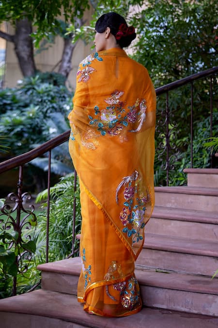 Shop Atelier Shikaarbagh Yellow Organza, Satin Sequins, Embroidery Bird Saree at Aza Fashions Shop_Atelier Shikaarbagh_Yellow Organza, Satin Sequins, Embroidery Bird Saree _at_Aza_Fashions
