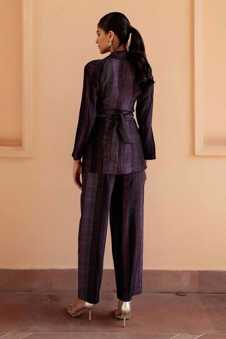 Shop_Seeaash_Black Dupion Silk Printed Dotted Stripes Shawl Lapel Safar Blazer And Pant Set_at_Aza_Fashions