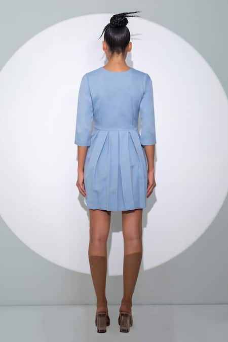 Shop Pocketful Of Cherrie Blue Crepe V-neck Three Quarter Sleeve Box Pleated Dress at Aza Fashions Shop_Pocketful Of Cherrie_Blue Crepe V-neck Three Quarter Sleeve Box Pleated Dress_at_Aza_Fashions
