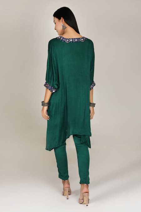 Shop_Aneehka_Green Crinkle Satin (100% Viscose) Afghani Kurta And Pant Set _at_Aza_Fashions