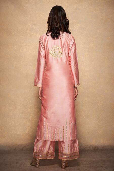 Shop Gulabo By Abu Sandeep Pink 100% Pure Chanderi Silk Gota Round A-line Kurta at Aza Fashions Shop_Gulabo By Abu Sandeep_Pink 100% Pure Chanderi Silk Gota Round A-line Kurta_at_Aza_Fashions