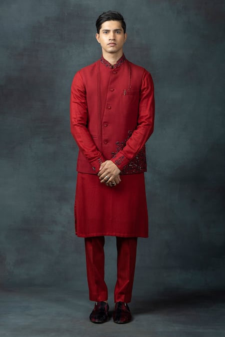Shop Sarab Khanijou Red Silk Embroidery Floral Placement Work Waist Coat And Kurta Set at Aza Fashions Shop_Sarab Khanijou_Red Silk Embroidery Floral Placement Work Waist Coat And Kurta Set _at_Aza_Fashions