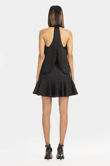 Shop 431-88 By Shweta Kapur Black Satin Fringe, Stones Halter Neck Tasselled Top at Aza Fashions Shop_431-88 By Shweta Kapur_Black Satin Fringe, Stones Halter Neck Tasselled Top_at_Aza_Fashions