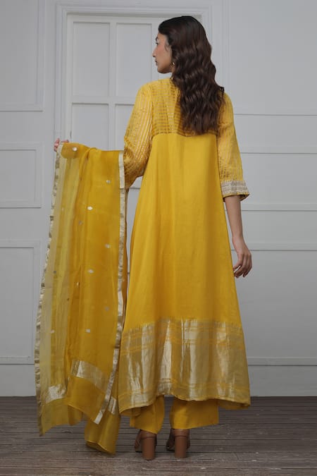 Shop_Myoho_Yellow Silk Embroidery V-neck Anarkali Pant Set _at_Aza_Fashions