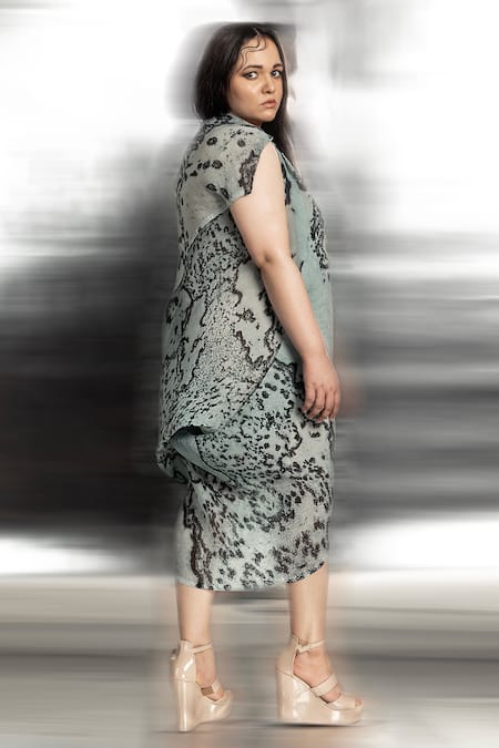 Shop Abhishek Sharma Green Polyester Asymmetric Overlap Reef Print Draped Dress at Aza Fashions Shop_Abhishek Sharma_Green Polyester Asymmetric Overlap Reef Print Draped Dress _at_Aza_Fashions