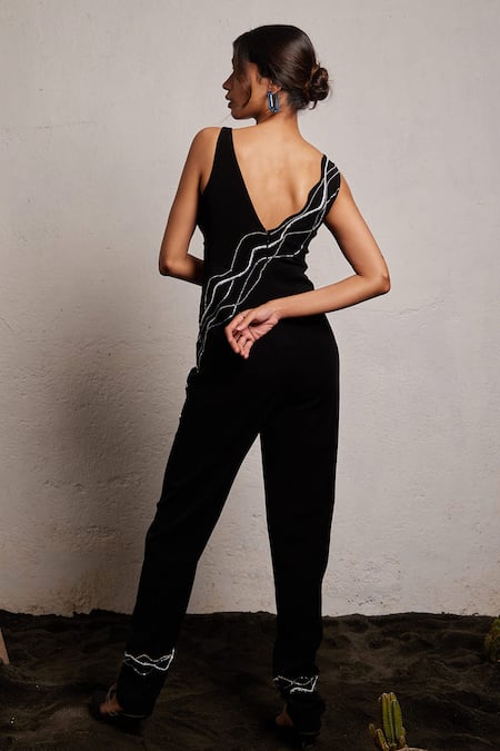 Shop Pocket Stories Black Microfiber Beads Square Neck Crystal Wave Embroidered Jumpsuit at Aza Fashions Shop_Pocket Stories_Black Microfiber Beads Square Neck Crystal Wave Embroidered Jumpsuit _at_Aza_Fashions