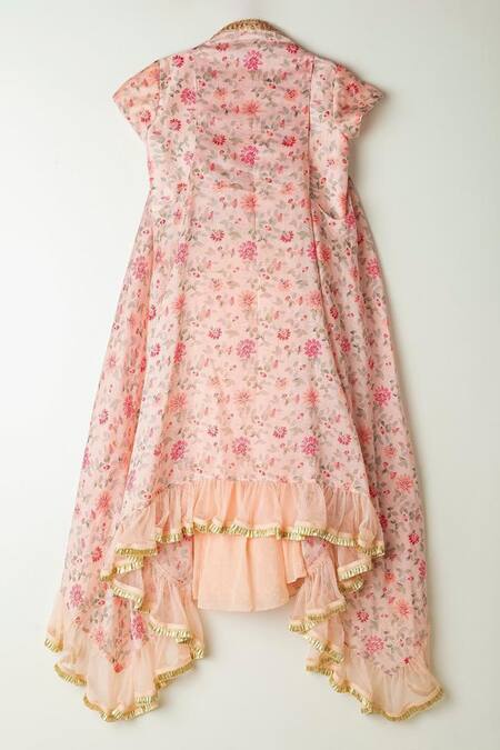 Shop_Shruti Jalan_Pink Cotton, Chanderi, Crepe Embroidery Printed Cape And Layered Skirt Set _at_Aza_Fashions