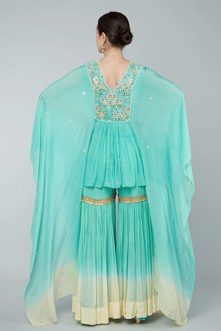 Shop Keith Gomes Green Chiffon, Crepe Beads Round Neck Ombre Embellished Tunic And Gharara Set at Aza Fashions Shop_Keith Gomes_Green Chiffon, Crepe Beads Round Neck Ombre Embellished Tunic And Gharara Set _at_Aza_Fashions
