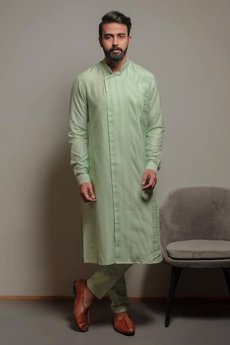 Shop_Darshika Menswear_Blue Cotton, Silk Asymmetric Pintuck Kurta Set _at_Aza_Fashions