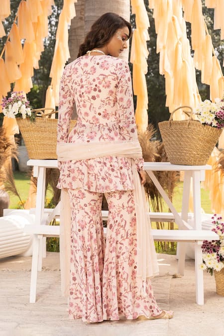 Shop Chhavvi Aggarwal Cream Crepe, Net Embroidery, Sequins, Beads, Gota Floral Print Kurta Sharara Set at Aza Fashions Shop_Chhavvi Aggarwal_Cream Crepe, Net Embroidery, Sequins, Beads, Gota Floral Print Kurta Sharara Set _at_Aza_Fashions