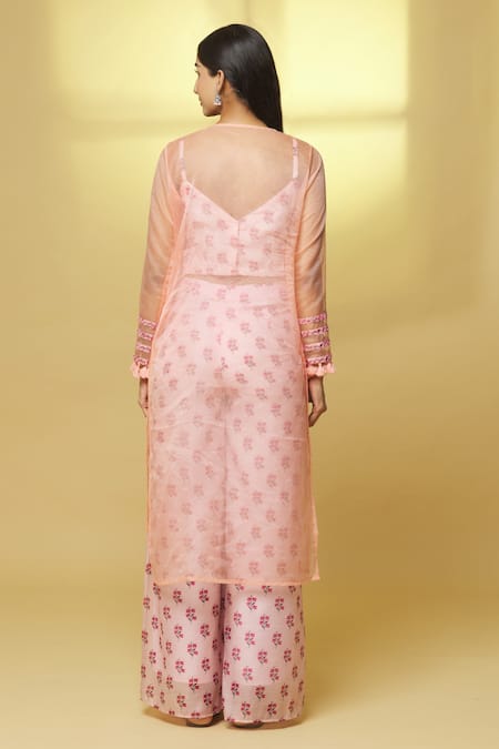 Shop Kalakaari By Sagarika Pink Organza, Chanderi Embroidery, Mirrors Shrug Flower Print Palazzo Set at Aza Fashions Shop_Kalakaari By Sagarika_Pink Organza, Chanderi Embroidery, Mirrors Shrug Flower Print Palazzo Set _at_Aza_Fashions