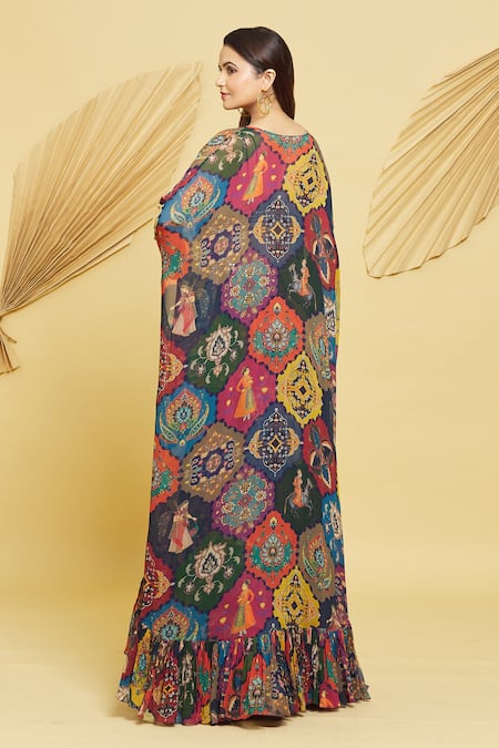 Shop Rajat K Tangri Multi Color Georgette Zari V-neck Mughal Jaal Motifs Long Cape And Flared Pant Set at Aza Fashions Shop_Rajat K Tangri_Multi Color Georgette Zari V-neck Mughal Jaal Motifs Long Cape And Flared Pant Set _at_Aza_Fashions
