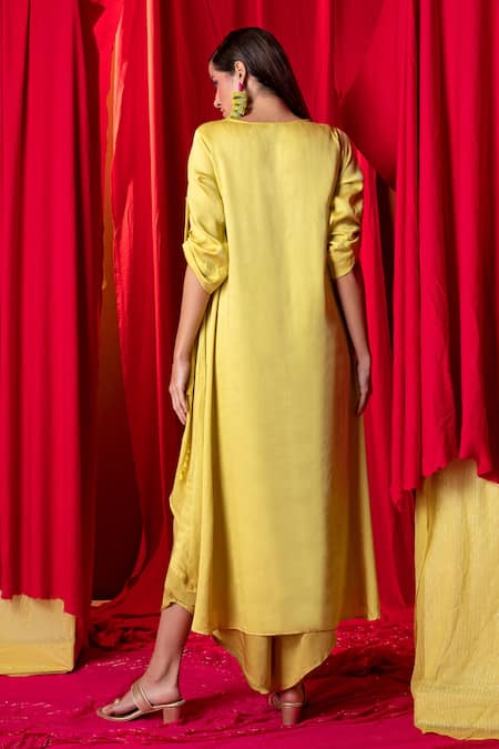Shop_Enech_Yellow Muslin Modal Embellished Mirror High Low Tunic And Palazzo Set  _at_Aza_Fashions