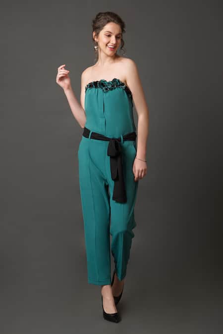 Shop House Of Behram Blue Crepe Fabric Flowers Bandeau Neck Tube Straight Fit Jumpsuit at Aza Fashions Shop_House Of Behram_Blue Crepe Fabric Flowers Bandeau Neck Tube Straight Fit Jumpsuit _at_Aza_Fashions