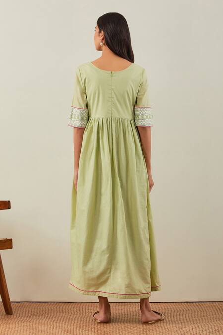 Shop The Indian Cause Green Cotton Embroidery, Sequins V-neck Chikankari Midi Dress at Aza Fashions Shop_The Indian Cause_Green Cotton Embroidery, Sequins V-neck Chikankari Midi Dress_at_Aza_Fashions