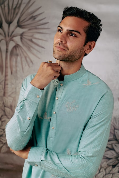 Shop Philocaly Blue Cotton, Silk Embroidery Panchi Kurta at Aza Fashions Shop_Philocaly_Blue Cotton, Silk Embroidery Panchi Kurta _at_Aza_Fashions