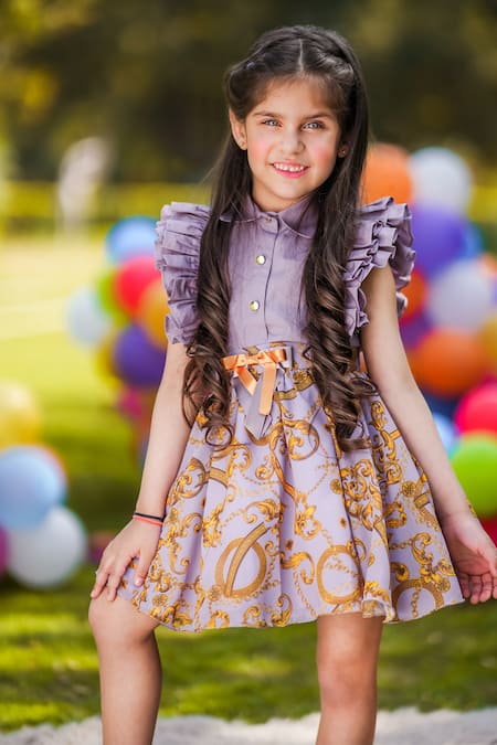 Shop The Pony & Peony Co. Purple Cotton Embroidery, Bows Flutter Sleeve Top And Printed Skirt at Aza Fashions Shop_The Pony & Peony Co._Purple Cotton Embroidery, Bows Flutter Sleeve Top And Printed Skirt _at_Aza_Fashions