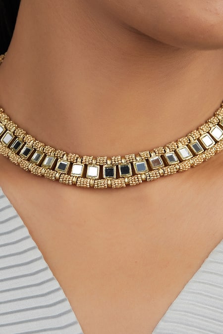 Shop House Of Tuhina Gold Plated Mirror Studded Falak Necklace at Aza Fashions Shop_House Of Tuhina_Gold Plated Mirror Studded Falak Necklace _at_Aza_Fashions