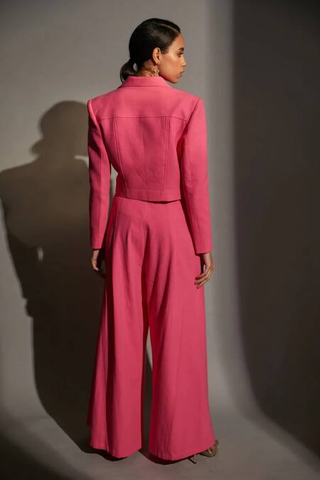 Shop_Betrue_Pink Cotton Notched Lapel Blazer And Palazzo Set _at_Aza_Fashions