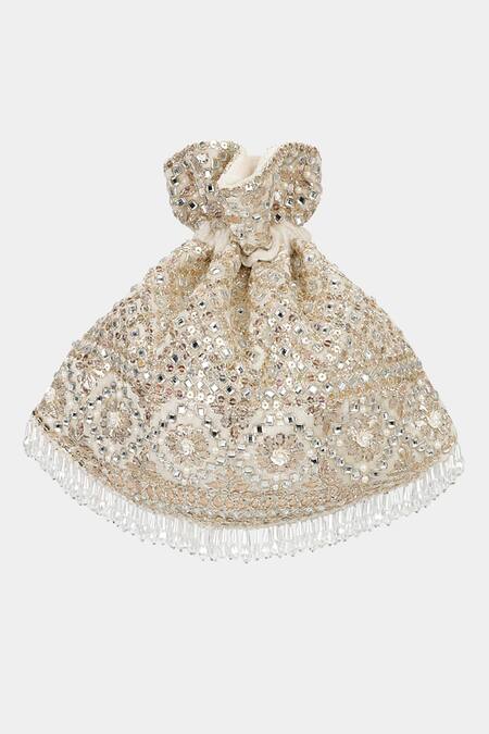 Shop Aanchal Sayal Ivory Embroidered Siya Gota Velvet Potli Bag at Aza Fashions Shop_Aanchal Sayal_Ivory Embroidered Siya Gota Velvet Potli Bag_at_Aza_Fashions