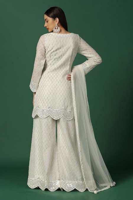 Shop Two Sisters By Gyans White Georgette, Net Sequins, Gota Geometric Embroidered Kurta Sharara Set at Aza Fashions Shop_Two Sisters By Gyans_White Georgette, Net Sequins, Gota Geometric Embroidered Kurta Sharara Set _at_Aza_Fashions
