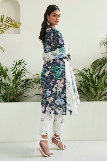Shop Sage Saga Blue Lace Round Neck Butterfly Pattern Kurta at Aza Fashions Shop_Sage Saga_Blue Lace Round Neck Butterfly Pattern Kurta _at_Aza_Fashions