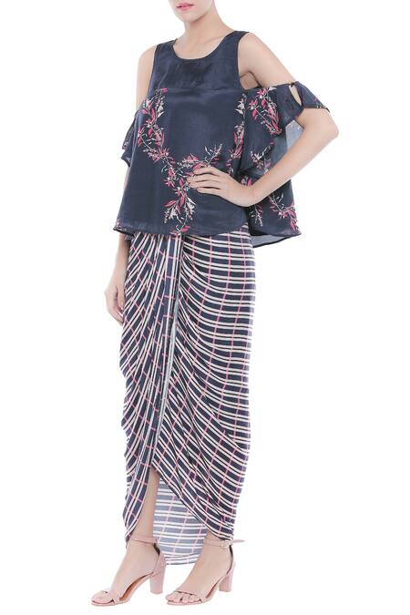 Soup By Sougat Paul_Blue Crepe Floral, Striped Round Neck Printed Draped Skirt Set _Online_at_Aza_Fashions