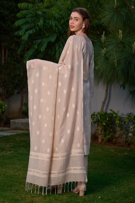 Shop Safaa Beige Velvet Embroidery Round Neck Saaz Chikankari Pattern Woven Kurta Set at Aza Fashions Shop_Safaa_Beige Velvet Embroidery Round Neck Saaz Chikankari Pattern Woven Kurta Set _at_Aza_Fashions