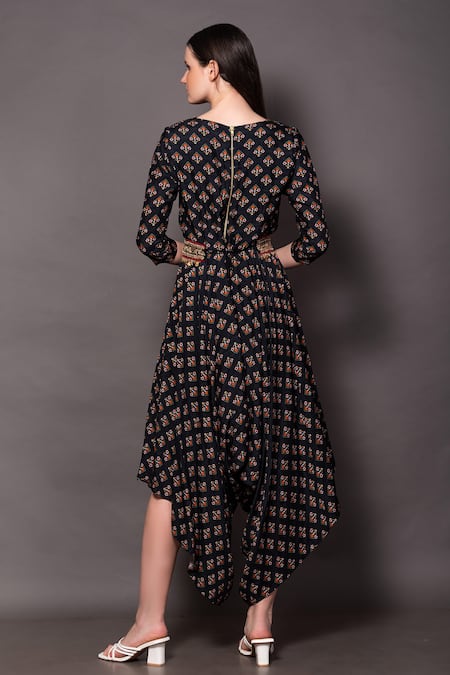 Shop_Vara By Vibha N Priti_Blue Silk Sequins, Zari, Cut Work Round Neck Floral Geometric Print Jumpsuit _at_Aza_Fashions