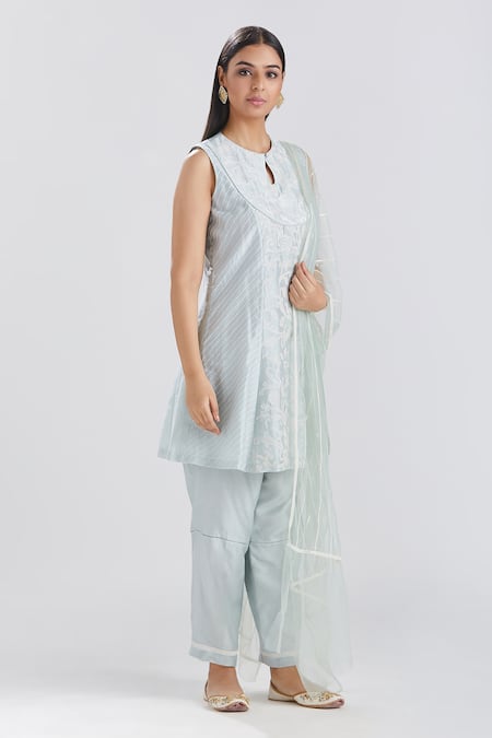 Shop Megha Bansal Blue Tulle, Silk Chanderi Dori, Sequin And Bead Ida Embroidered Kurta Pant Set at Aza Fashions Shop_Megha Bansal_Blue Tulle, Silk Chanderi Dori, Sequin And Bead Ida Embroidered Kurta Pant Set _at_Aza_Fashions