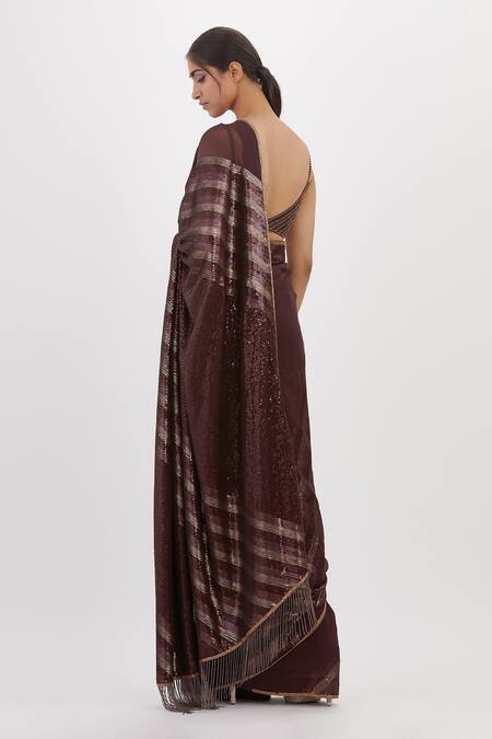 Shop Nakul Sen Maroon Chiffon Sequins, Embroidery Round Neck Work Saree With Blouse at Aza Fashions Shop_Nakul Sen_Maroon Chiffon Sequins, Embroidery Round Neck Work Saree With Blouse_at_Aza_Fashions