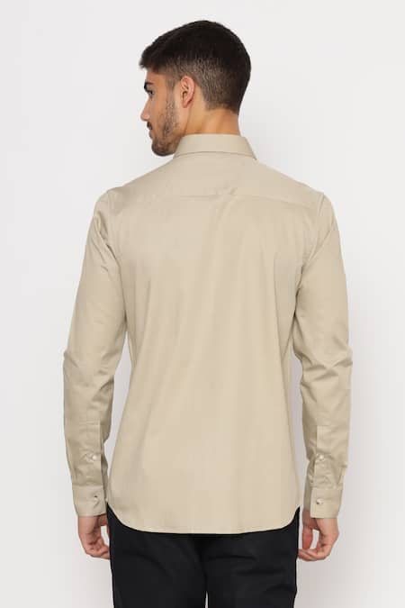 Shop_Lacquer Embassy_Beige Cotton Bennet Shoulder Panel Shirt _at_Aza_Fashions