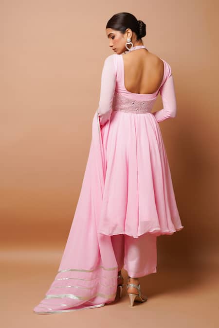Shop Ahi Clothing Pink Georgette, Satin Embroidery, Zari, Gota Patti V-neck Anarkali Set at Aza Fashions Shop_Ahi Clothing_Pink Georgette, Satin Embroidery, Zari, Gota Patti V-neck Anarkali Set _at_Aza_Fashions
