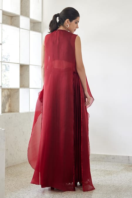 Shop_Mishru_Red Organza, Satin Cut Work, Sequins, Embroidery Emerie Jacket Draped Skirt Set _at_Aza_Fashions