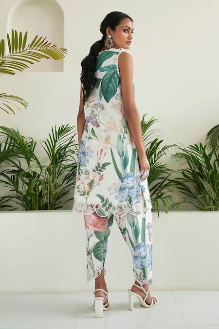 Shop_Sage Saga_Ivory Chanderi Lace, Embroidery V-neck May Floral Print Tunic Tulip Salwar Set _at_Aza_Fashions