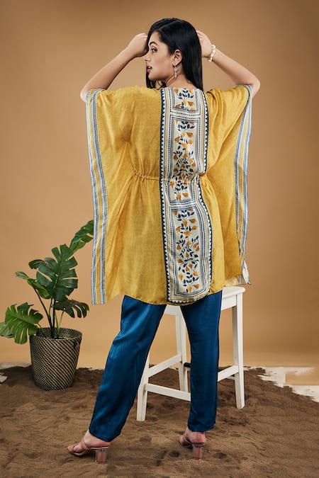 Shop_Soup By Sougat Paul_Yellow Cotton, Silk Embroidery V-neck Bird And Tile Print Kaftan Top With Pant _at_Aza_Fashions