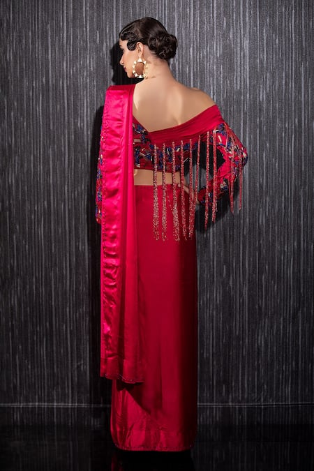 Shop_Shilpi Gupta_Fuchsia Lycra, Silk Satin Embroidery One Nalki Pre-draped Saree With Blouse _at_Aza_Fashions