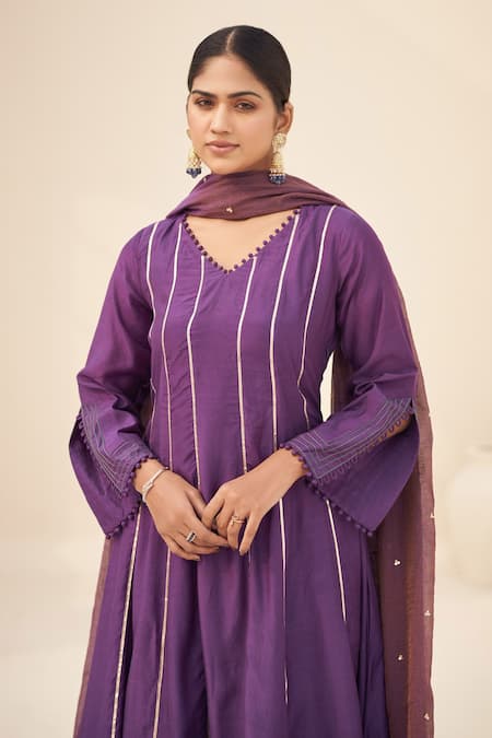 Shop_Hirika & Dhruti_Purple Cotton, Silk, Organza, Crepe Pom-poms, Zari Stripe Pattern Anarkali Set _at_Aza_Fashions